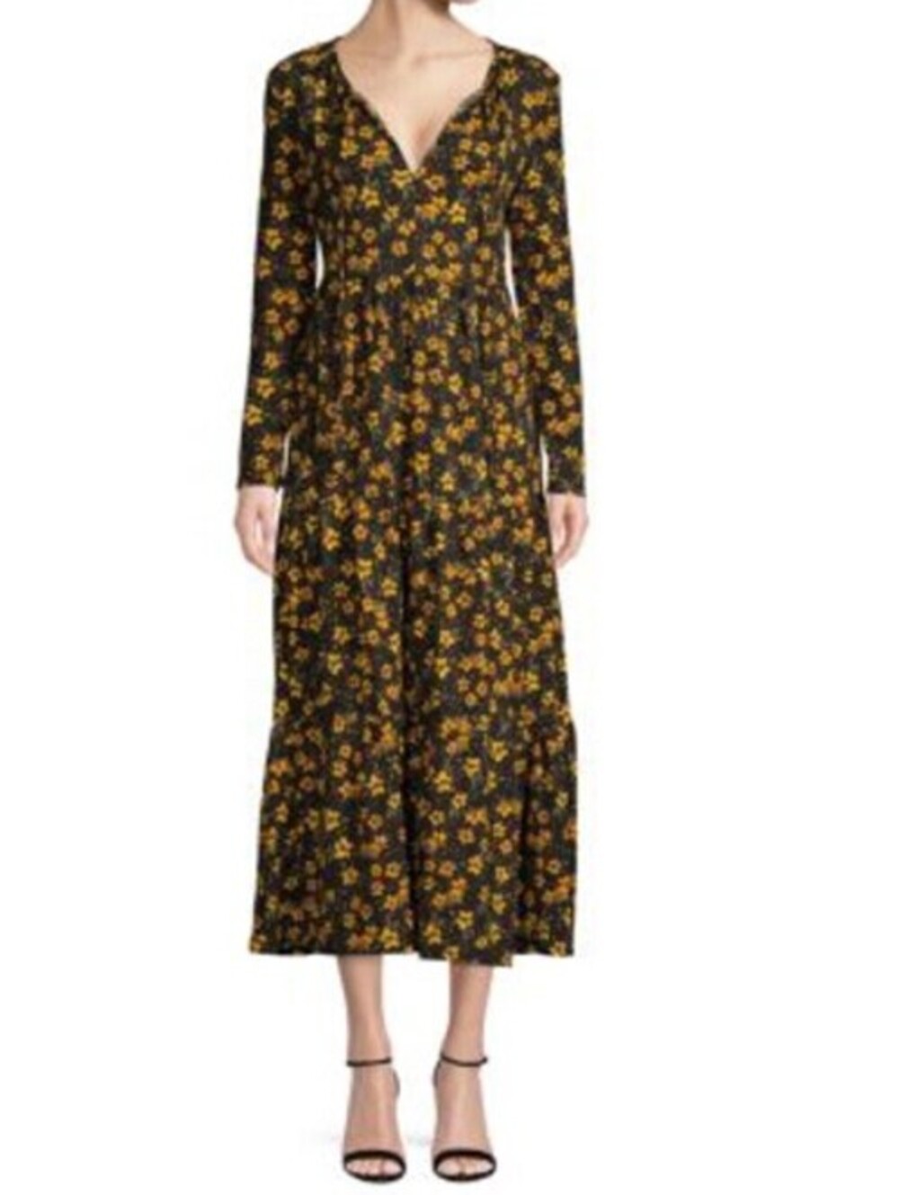 Free People Sz S Tiers Of Joy Floral Midi Dress Stretch-Jersey Black/Yellow Boho